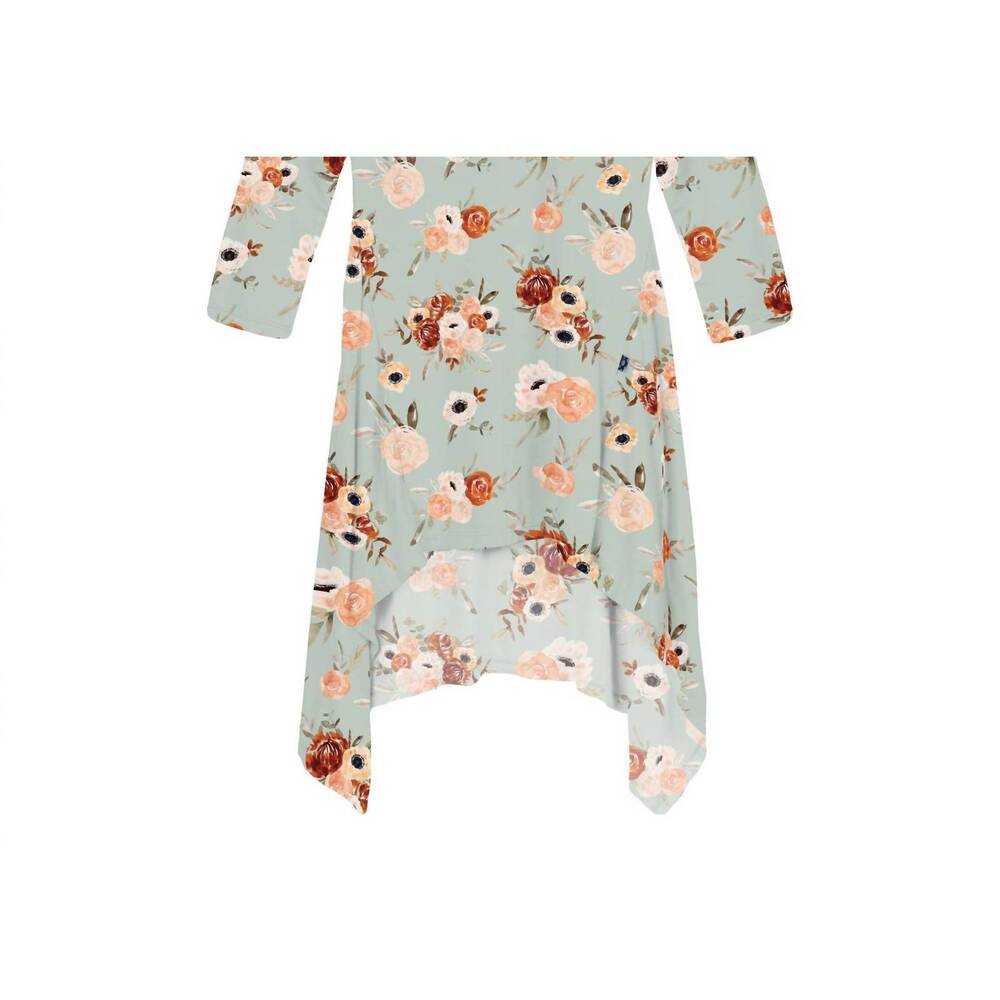 NEW KICKEE girl's long sleeve hi lo raglan dress in aloe fall floral